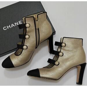 Chanel Gold Calfskin Pearl Cap Toe Ankle Boots Sz 38